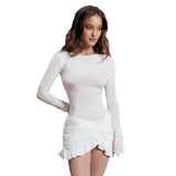 Fongt Autumn Women's New Fashion Round Neck Long Sleeves Folded Taut Knot Short Bag Hip Dress
