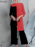 Womens Outifits Pant Sets Fashion Urban Tracksuit Two Piece Sets Spring Elegant 3/4 Sleeve Patchwork Blouse OL Work