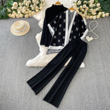 Fongt Ocean Gas Three-Piece Loose Wind Letter Embroidered Cardigan Jacket Bottom High Collar Knitting Tops Broad Legs