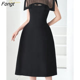 Han Queen Summer Dresses Womens Korean Retro O-Neck A-Line Black Vestidos Elegant Fashion Slim Midi Office Party Casual