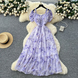 Fongt Famous Breeze Mashed Flowers Bubble Sleeves With Dress Women Summer Waist Repair Royal Sister Temperament Beautiful Long Dress
