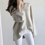 New 2021 Autumn Winter Women's Sweaters Pullover V-Neck Oversize Elegant Minimalist Korean Knitted Lady Jumper