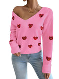 Fongt And Winter Valentine's Day Design Slid Love Embroidery V Collar Sweater Female Top