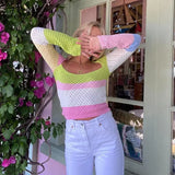 Long Sleeve Crop Top Knit Women Patchwork Autumn Hollow Out 90s Casual T Shirts Sexy Fashion