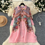 Fongt Folded Dress Women's Autumn 2025 Retro Collar Long Sleeves Loose A-Word Printing Skirt