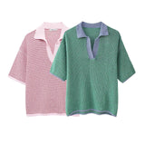 Fongt Summer New Women's Loose Knit POLO Shirt Top High Waist Shorts