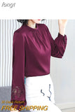 Women's Blouse Silk Tops for Women Solid Embroidered Long Lantern Sleeve Top Stand Neck Clothing Female 2023 Basic