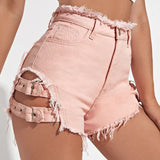 Fongt Trendy Hottie Sexy Retro Hairy Side On Both Sides Of The Hollow Can Adjust Denim Super Shorts Hot Pants