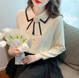 Fongt Autumn New Female Fragrant Wind Bottoming Spliced Temperament Sweater College Style Doll Collar Bow Knitted