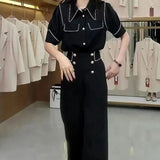 Lady Solid Color Matching Sets Stylish Bright Line Decoration Casual Polo-Neck Single-breasted Summer Elastic Pant Sets-Outfit