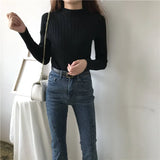 Fongt Winter Half-High Sweater Women Long Sleeve Pure Color Spring And Autumn Pit Stripe Loose Knitted Bottom