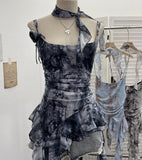 Fongt Shooting Retro Tie-Dye-Print Mesh Sling Sling Sling Vest Irregular Lotus Leaf Edge Ribbon Sleeveless Top 1185