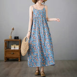 Fongt Fresh Literature And Art Retro Cotton And Small Broken Flower Dress Women's Summer Long Swing Sleeveless Sling
