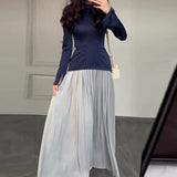 Fongt Autumn New Solid Fashion Splicing Design Round Collared 100-Folded Dress Girl