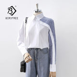 Women White Shirt Vintage Long Sleeve Cotton Blouse Striped Turn-Down Collar Elegant Office Wear Fall Spring Design Tops
