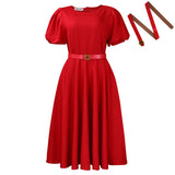 Fongt Women's 2025 Summer Fashion Bubble Sleeve Elegant High- Waist Solid Colored Round Dress African Dress