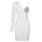 Long One Sleeve Rhinestone Cup Mini Dress-Outfit