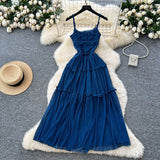 Fongt Tea Break Retro Sling Dress Women's Holiday Wind To Show Thin Folds Design Long Skirt