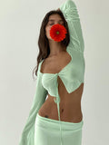 Top Women See Through Blouses Green Shirts Long Sleeve Crop Top Club Party Slim Brown Tie Up Mesh Top Streetwear