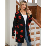 Fongt Sweater For Women's Casual Halloween Pumpkin Head With Long Coat Knitted Cardigan