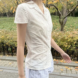 Fongt Summer New Solid Color Buckle Shirt Top Female Thin Perspective Body Display Leisure Short Sleeve T-Shirt