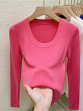 Photos U-neck Knitted Sweater For Women's Autumn Long Sleeved Top Girls Simple Base Jumper GT8311-Outfit