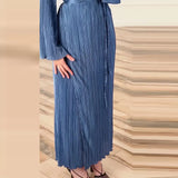 Fongt 2024 New Solid Color Horn Sleeve Thread Belt Collect Waist Style Long Sleeve Dress-Outfit