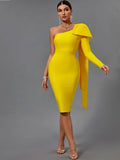 Sleeve Bandage Dress 2023 New Womens Yellow Bandage Dress Elegant Sexy Bowknot Evening Club Party Dress High Quality