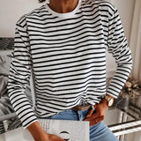 Black And White Stripes O Neck Casual Tops Long Sleeve Loose Pullover T-shirt 2021 Srping New Fashion Korea
