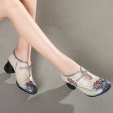 Women Embroidery Pumps Grey Lady 6CM High Heels Shoes Handmade Women Genuine Leather Pumps Autumn