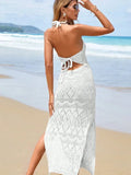 Fongt Beach Dress Hollow Knitted Neck Sling Sexy Bare Back Fork Long Tie-Shirt Woman