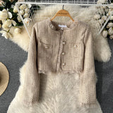 Fongt And Winter Small Fragrant Style Set Of Women's Short Cardigan Coat + Sling Net Yarn Dress Two Sets