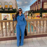 Fongt Wind High-End Retro Lapel Long-Sleeved Cowboy Topess 2025 Autumn Dress High-Waisted Casual Broad-Legged Straight Trousers
