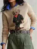 Fongt 2025 New Women's Dresses Cartoon Embroidered Bear Round-Neck Knitted Sweater