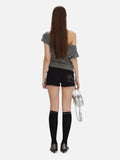 Fongt New Slanted Shoulder Pure Hottie Gray T-Shirt Girl Loose Heavy Metal Decorative Top