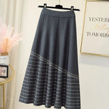 Winter Warm Thicken Knitted Skirts Women High Waist A-line Striped Patchwork Knitting Skirts Office Ladies Elegant