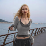 Fongt U-Shaped Low-Neck Two-Piece Striped T-Shirt Hanging Neck Vest 2025 Fashion-Colored Knitted Shirt
