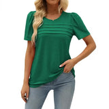 Fongt Women's Summer Round-Neck Short-Sleeved Chest Tuck Line Folded Blouse T-Shirt
