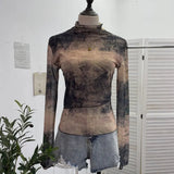 Fongt Shooting Denim Pattern Dye Printing Retro Babes Thin Mesh T-Shirt High-Necked Long Sleeve Bottom Shirt Top 9950