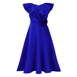 Fongt Women's V-Necked Leaf-Side Three-Dimensional Flower Dress Evening Dress Party Dress