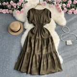 Fongt Gentle Wind Ruffle Collar Dress Female Summer Simple Pure Color Double Flying Sleeve Design Platycodon Grandiflorum First Love Skirt-Outfit