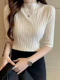 Spring Summer Korean Fashion Solid Sweater Women Short Sleeve Tops Pull Femme Casual Slim Female Pullover Knitted Clothes-Outfit