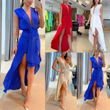 Fongt Summer New Big Deep V Collar Royal Sister Sleeveless Double Layer Dress-88150-Outfit