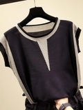 Women Knitted T Shirt Bright Silk Patchwork Short Sleeve Tshirt Tops Korean Fashion Womens Clothing Summer 2023 Tee Shirt