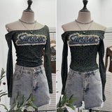 Fongt Girls Letter Sticker Leopard Long-Sleeved T-Shirt 2025 Autumn New Thin Short Top 1112