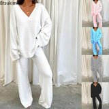 Autumn Winter Women 2PCS V Neck Long Sleeve Blouse Suits Matching Sets Casual Wide Leg Trousers Sets Solid Homewear