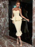 Celebrity Elegant Mermaid Women Bandage Dress Spaghetti Strap Ruffles Sexy Sleeveless Evening Club Party Midi Summer