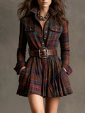 Fongt Women's Digital Printed Check-Shirt Dress Waist Pocket Dress