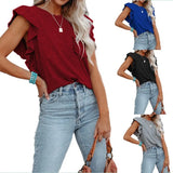 Fongt 2025 Women's Hot-Selling Round-Neck Double-Layered Lotus Leaf Tops Short-Sleeved Women's T-Shirt