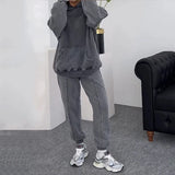Fongt New Fall / Winter 2023 Solid Color Round Collar Lazy Long-Sleeved Hoodie Casual Sweatpants Suit-Outfit